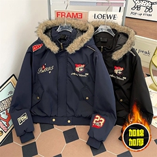 现货高品质美式高街重磅刺绣座山雕大毛毛领棉衣男女加厚棉服外套，男装棉衣，电商A443