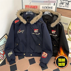 现货高品质美式高街重磅刺绣座山雕大毛毛领棉衣男女加厚棉服外套图片