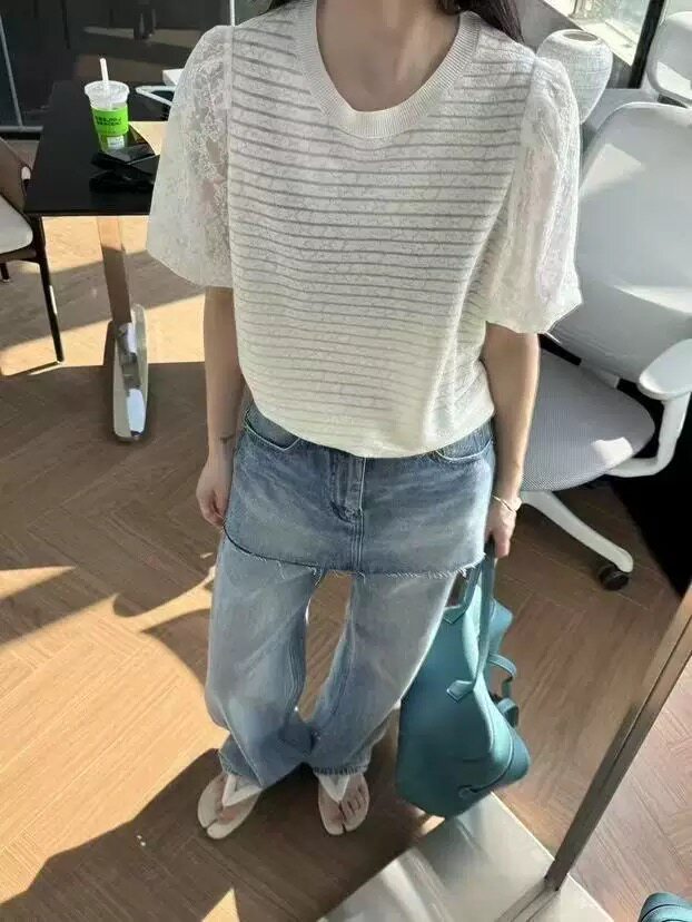 精纺拼接蕾丝条纹短袖,针织衫/毛衣,圣旺供货