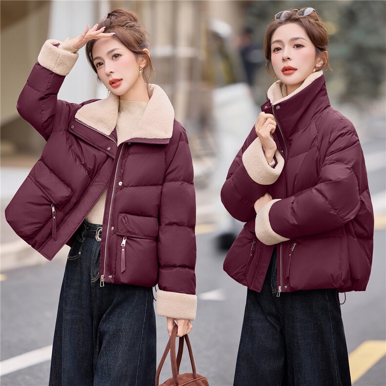 羊羔毛拼接短款白鸭绒羽绒服女2025冬新款加厚保暖,女装羽绒服,余墨
