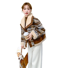 现货撞色格子拼接羊羔毛翻领加厚羽绒服5815-P235-K368，女装羽绒服，2C159