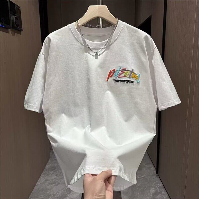 夏季新款半袖圆领T恤男潮流燕尾印花宽松涂鸦休闲情侣短袖打底衫图片