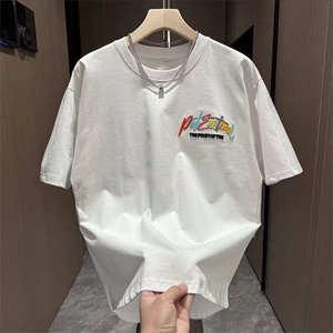 夏季新款半袖圆领T恤男潮流燕尾印花宽松涂鸦休闲情侣短袖打底衫图片