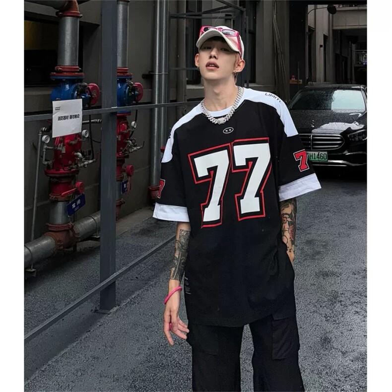 网图有货美式77冰球服t恤男复古运动高街休闲橄榄球服A437-P45,男装T恤,星座1505