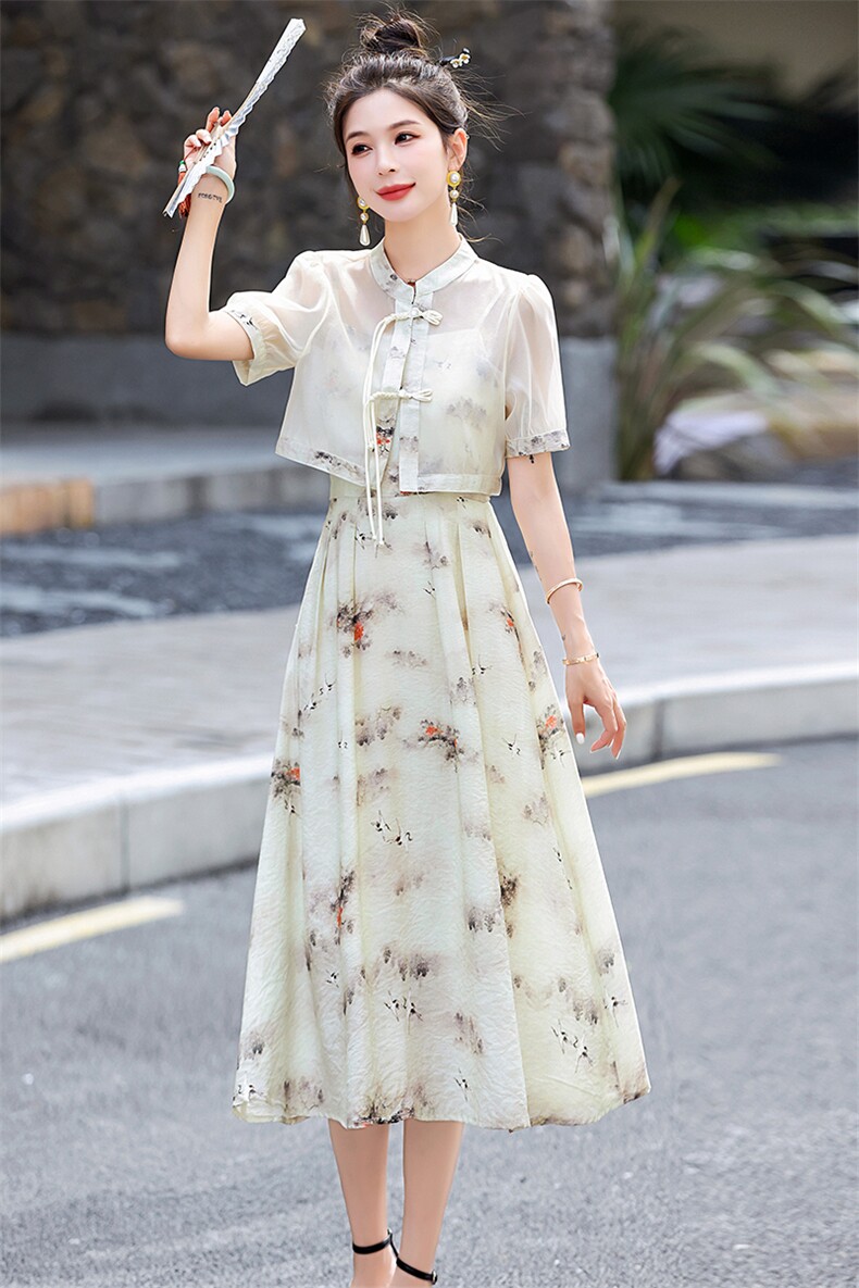 女2026夏季新款气质薄款盘扣外套碎花连衣裙,女装连衣裙,尚洛菲