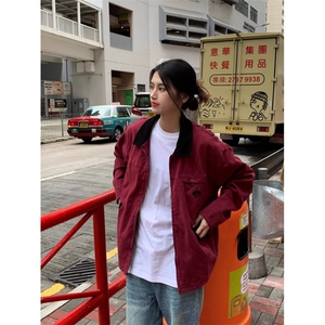 美式撞色水洗流行复古工装翻领男女夹克情侣休闲上衣潮牌薄款外套图片