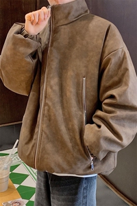 港风PU皮复古做旧双侧金属拉链设计夹克式棉衣男MY77092P130控198图片