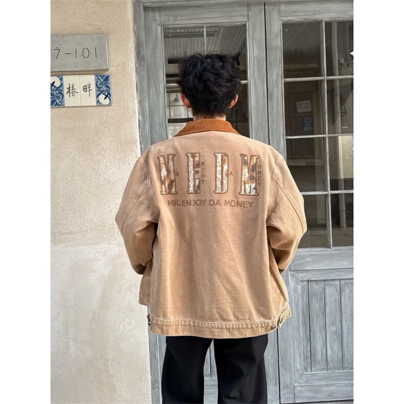 C316JK5099P128秋冬新款蕾丝拼接撞色绣花夹克短款卡其蓝色外套,男装夹克,电商C316