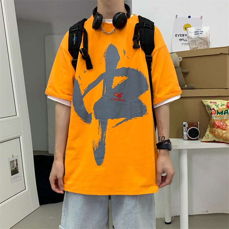 2021国潮夏季新款中国印花短袖T恤男港风宽松上衣半袖潮D79 P30图片