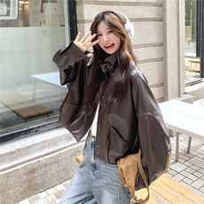 美式短款棕色机车服外套女春秋2025超火好看高级小众皮衣夹克上衣，女装皮衣，2C090