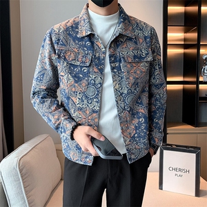 2025春季新款水洗男士牛仔夹克 痞帅小伙个性提花印花图案外套图片