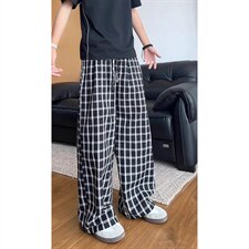 美式高街潮牌男女泡泡格子休闲裤直筒宽松慵懒显瘦阔腿休闲长裤子，男装休闲裤，电商A443