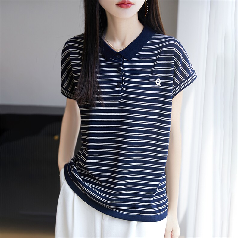 夏季圆领撞色条纹莱赛尔天丝刺绣字母短袖T恤女套头针织半袖上衣,针织衫/毛衣,郡淞羊绒