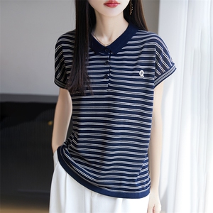 夏季圆领撞色条纹莱赛尔天丝刺绣字母短袖T恤女套头针织半袖上衣图片