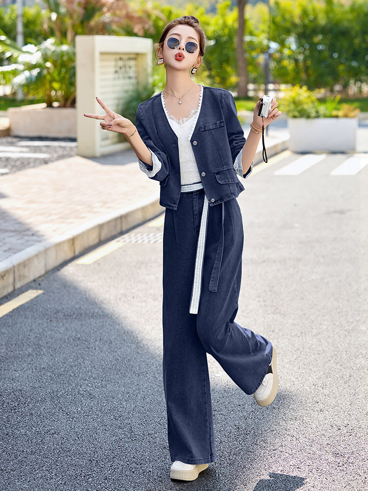 时尚蕾丝花边牛仔套装女2025春季新款超火穿搭短外套阔腿裤两件套,女装套装/套裙,贵人树