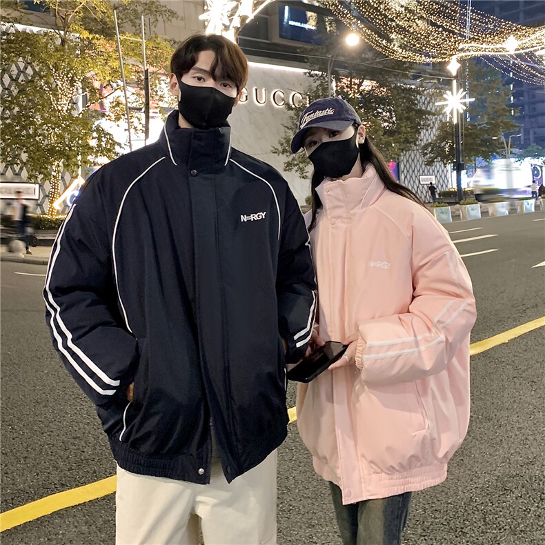 情侣装冬装 港风条纹织带棉服 棉衣休闲加厚外套男女 G1107 P118图片