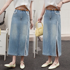 高腰蕾丝花边开叉牛仔半身裙女2025春季新款百搭设计感显瘦直筒裙，女装半身裙，跑量工厂店