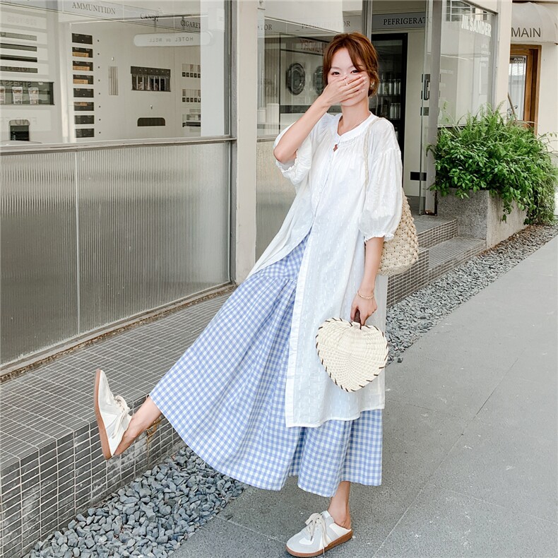 松弛感圆领衬衫连衣裙两件套女2025夏新款超火流行叠穿格子半身裙图片