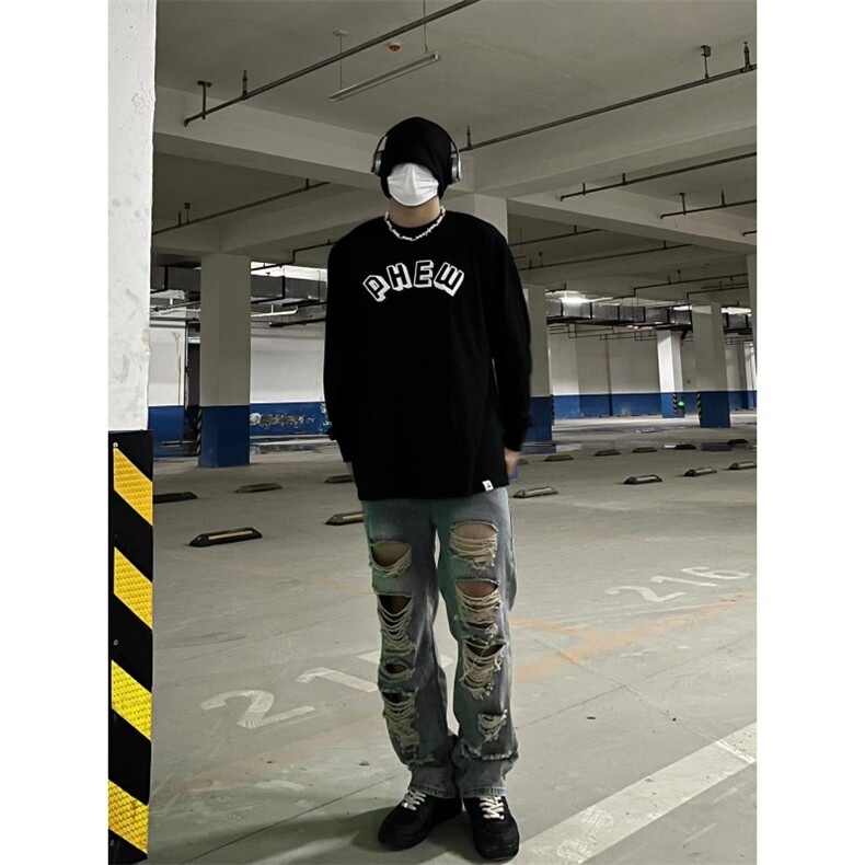 做旧复古水洗高街破洞牛仔裤男阔腿小众设计感乞丐裤NM771,男装牛仔裤,星座1116A（原606A-3）