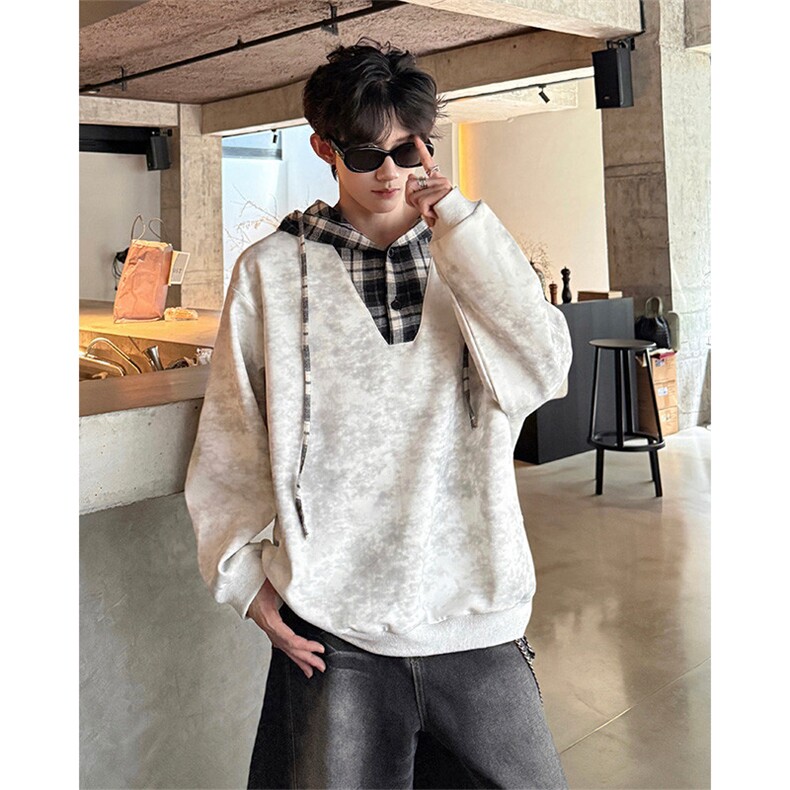 WY10150-特批50 控98  新款小众撞色拼接格子假两件大帽子卫衣图片