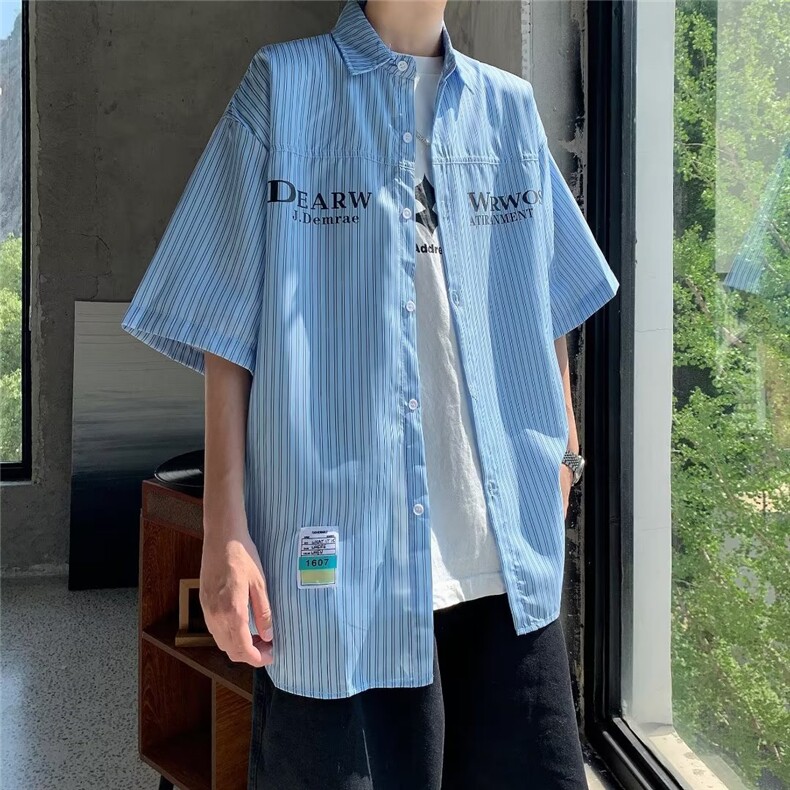条纹短袖衬衫男夏季潮牌高级感痞帅衬衣外套宽松大码五分袖上衣,男装衬衫,星座1013