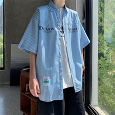 条纹短袖衬衫男夏季潮牌高级感痞帅衬衣外套宽松大码五分袖上衣，男装衬衫，星座1013