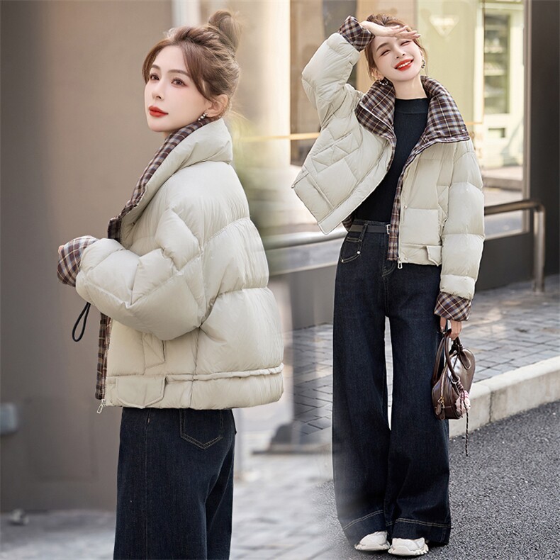短款羽绒服女2024冬季新款小个子高级感超好看洋气拼接格子面包服,女装羽绒服,艾尚靓装