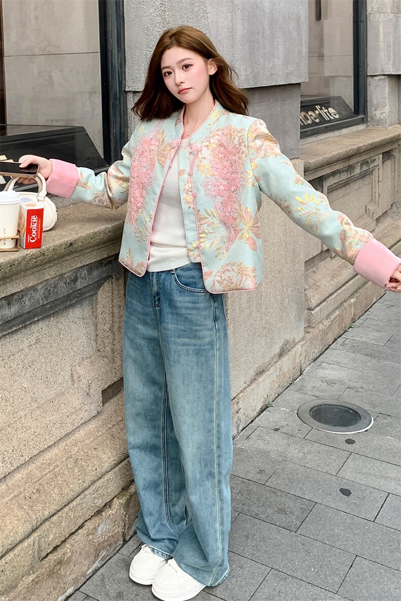 水衣源2706A新中式蕾丝拼接短款提花羽绒外套女,女装羽绒服,水衣源