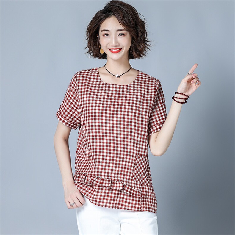 潮流舒适时尚短袖蕾丝衫/雪纺衫2025年夏季格子休闲圆领休闲,女装蕾丝衫/雪纺衫,风姿绰