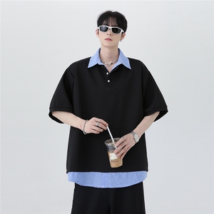 夏季潮牌高级休闲撞色拼接假两件条纹男女同款短袖POLO衫T601-P48,男装Polo衫,电商C307