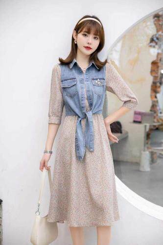 【现货】春季新款牛仔碎花连衣裙假两件淑女风，女装连衣裙，笑思源