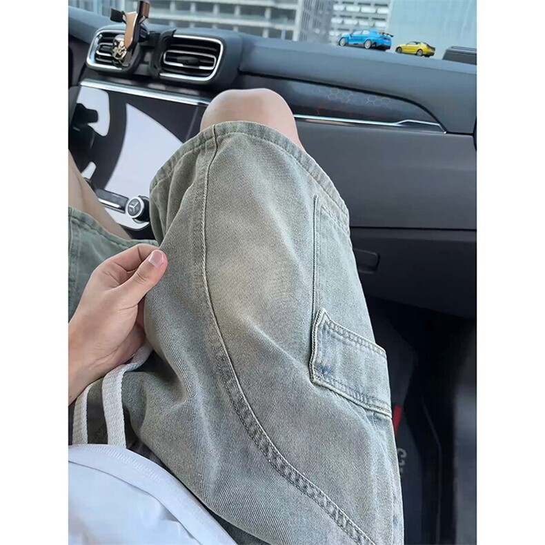 高街直筒复古风格牛仔短裤水洗做旧抽绳松紧设计短裤K781P45控68,男装牛仔裤,电商A102B