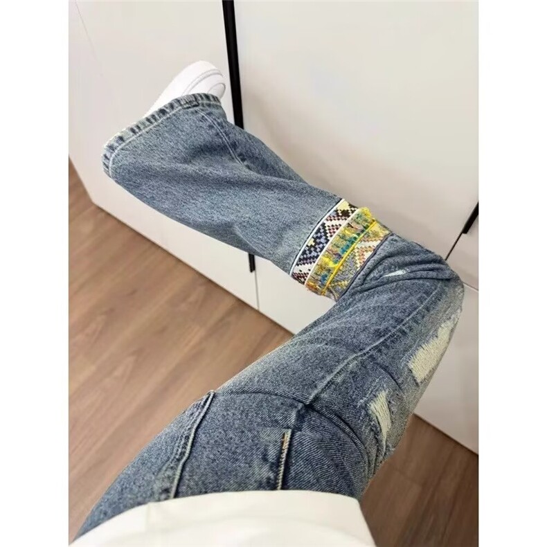 WE1538-P45美式cleanfit腰果花刺绣牛仔裤男弯刀修身直筒裤,男装牛仔裤,电商B323A