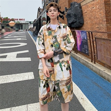 2025夏水墨画冰丝凉感短袖五分袖衬衫薄套装TZ5678/特P50卡其5，男装休闲套装，电商A094
