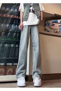 夏季美式复古ins高街竹节纹针缝牛仔裤男微喇裤宽松直筒痞帅长图片