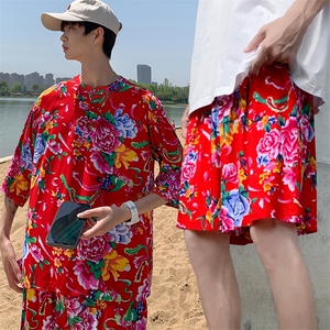 Z1休闲风男士大妈透气大花凉爽T恤七分袖衫短裤套装男女纱衣图片