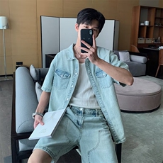 2025美式潮牌牛仔衬衫水洗休闲衬衣外套牛仔裤五分裤搭配一套，男装牛仔裤，星座506A