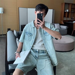 2025美式潮牌牛仔衬衫水洗休闲衬衣外套牛仔裤五分裤搭配一套图片
