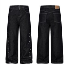 美式复古水洗钉珠直筒牛仔裤男女同款宽松直筒阔腿百搭长裤，男装牛仔裤，星座516A