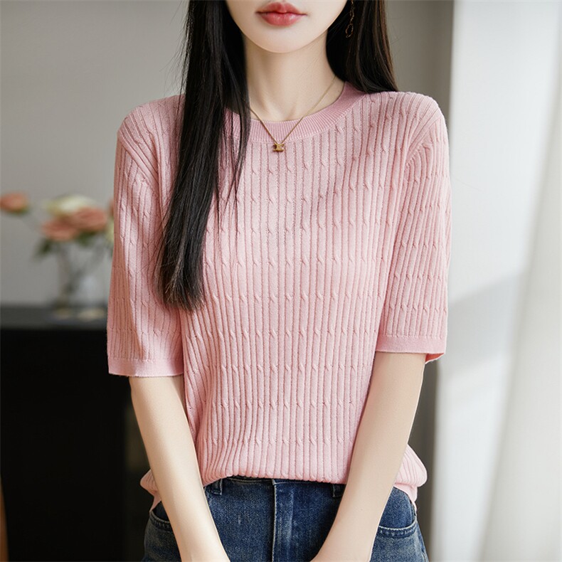精纺桑蚕丝羊毛短袖T恤女圆领半袖针织春夏新款简约百搭打底上衣,女装T恤,暖烁羊绒