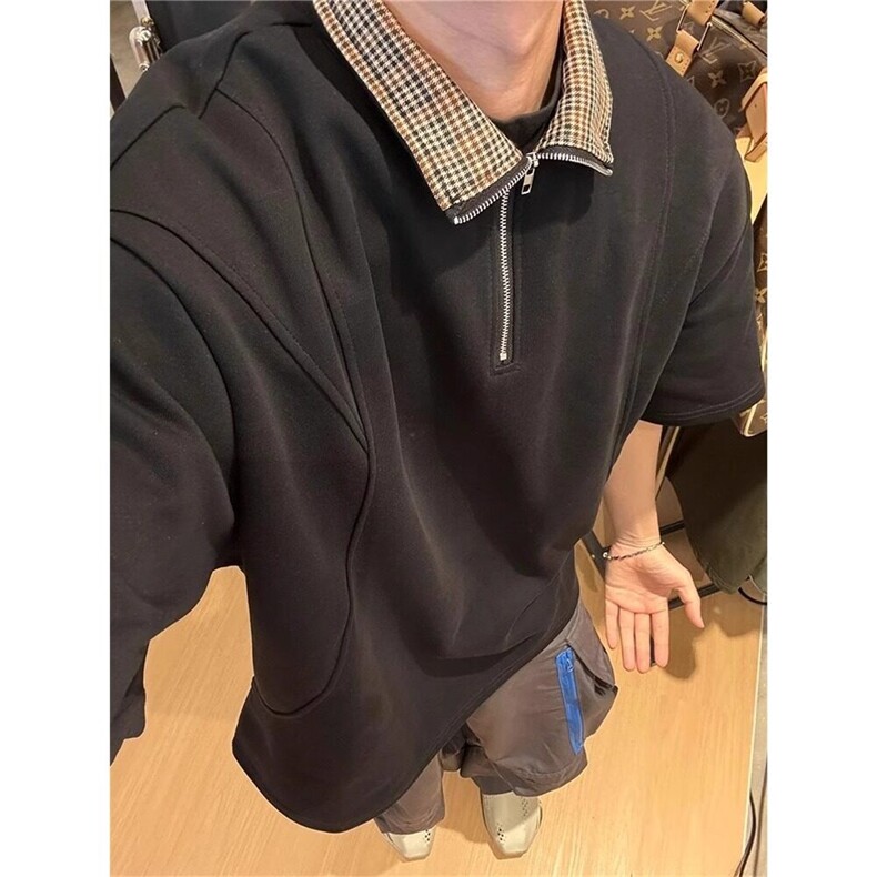 千鸟格拼接短袖polo衫男夏季老钱风重磅t恤高级感五分袖T2506，男装Polo衫，星座1116A（原606A-3）