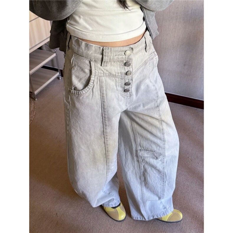 春秋季新款压褶设计高腰显瘦宽松版休闲阔腿牛仔裤情侣款休闲裤潮,男装牛仔裤,星座302B-2