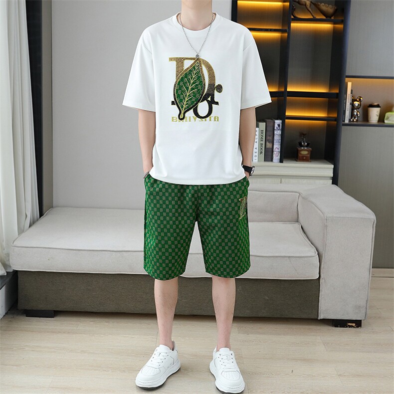 潮流轻奢短袖T恤套装2025夏季新款男装宽松休闲华夫格短裤两件套，男装休闲套装，星座1801