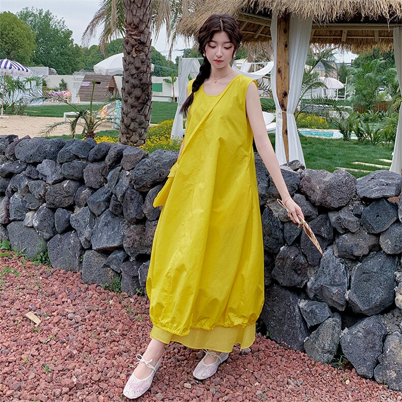2025夏时尚宽松显瘦圆领无袖下摆拼接网纱配包包减龄连衣裙女,女装套装/套裙,欧黛芙妮
