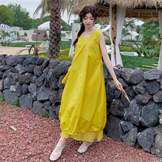 2025夏时尚宽松显瘦圆领无袖下摆拼接网纱配包包减龄连衣裙女，女装套装/套裙，欧黛芙妮