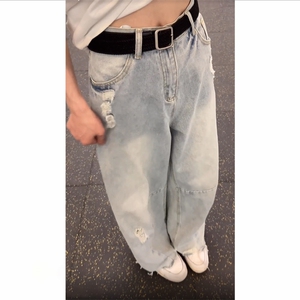 浅蓝色毛边破洞牛仔裤男女夏季显瘦弯刀裤直筒裤NK8652-特价P50图片