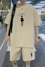 ！2024夏季新款男士华夫格短袖套装学生印花半袖HTZ12P50，男装T恤，电商B220