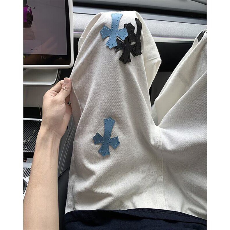 白色破洞直筒牛仔裤男夏季新款十字皮标高腰宽松显瘦阔腿拖地裤子，男装皮裤，星座813-2