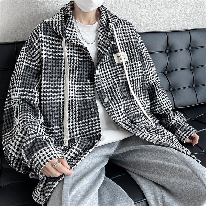 格子连帽外套男生秋季宽松学生夹克休闲开衫复古上衣JK0666-P85图片