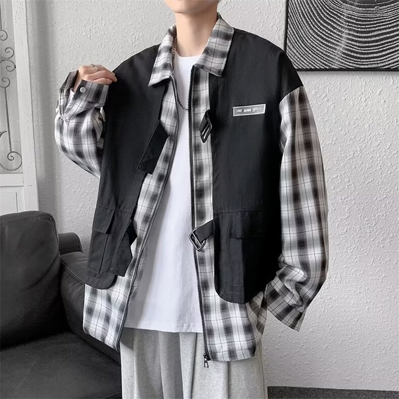假两件衬衫男长袖春秋潮牌ins格子拼接工装衬衣LC17P45图片